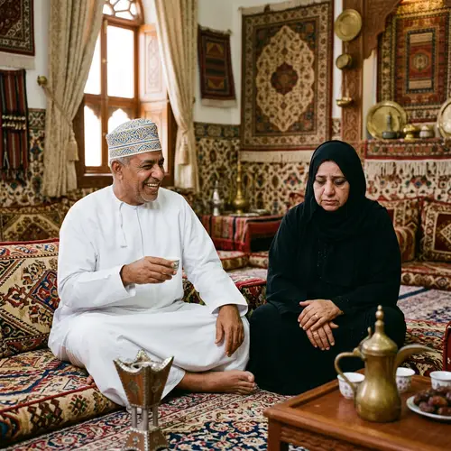 Joyful Omani Man and His Sad Wife - Cultural Portrait
