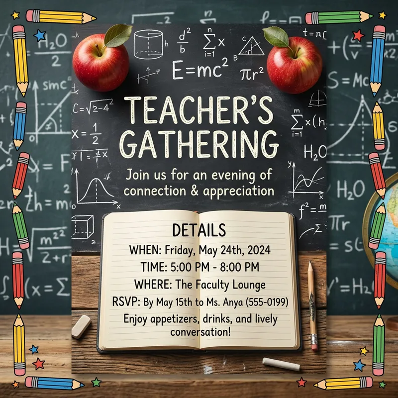 Teacher's Gathering Invitation Design | Chalkboard Theme with Red Apples Teacher's Gathering Invitation Design | Chalkboard Theme with Red Apples