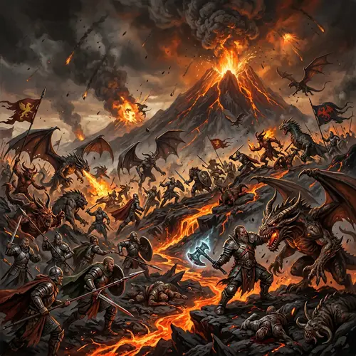 Epic Volcano Battle: Warriors vs. Mythical Beasts