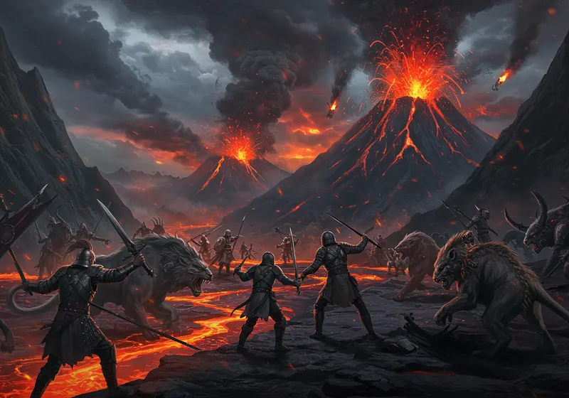 Epic Volcano Battle: Warriors vs. Mythical Beasts