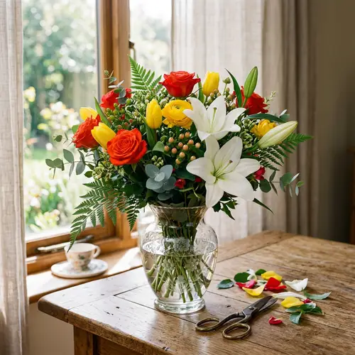 Vibrant Flower Arrangement with Roses, Tulips & Lilies