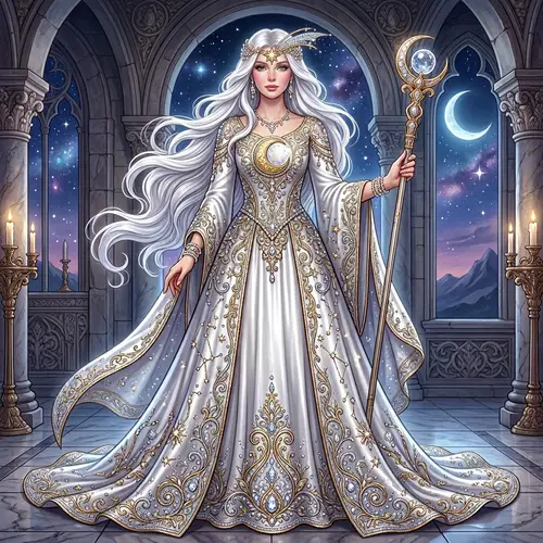 Elegant White Dress with Golden Moon and Comet Symbol