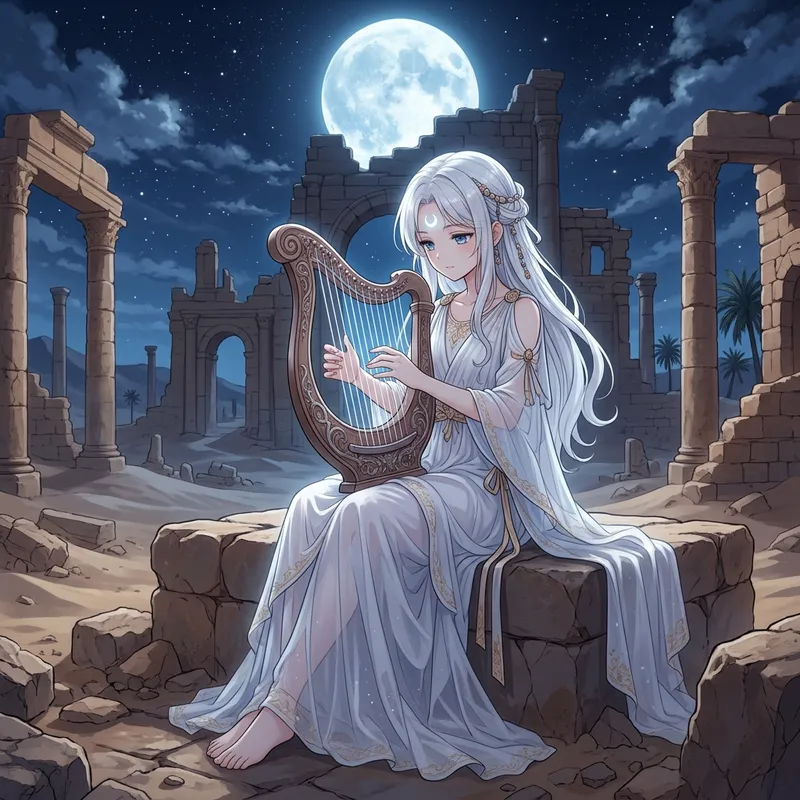 Serenity of a White-Haired Anime Girl Playing Harp in Desert Oasis at Night