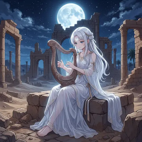 Serenity of a White-Haired Anime Girl Playing the Harp in a Desert Oasis