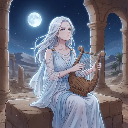 Anime Woman Playing Harp in Ancient Ruins at Night