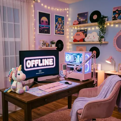 Charming Retro Room with Gaming PC and Unicorn Toy