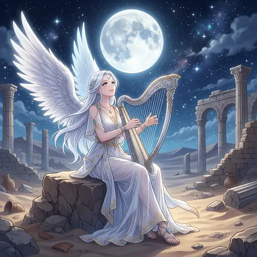 Anime Princess Serenity Playing Harp in Moonlit Desert