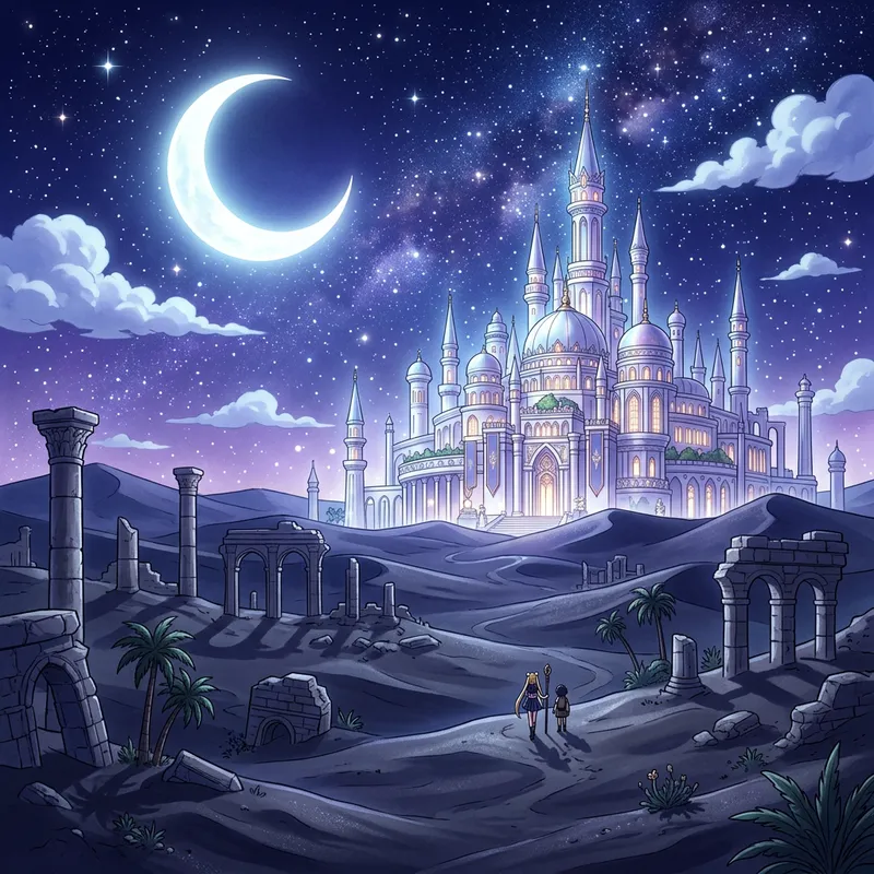 Anime Desert Night | Moonlit Ruins & Silver Millennium Palace