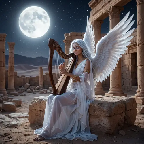 Serenity of a South Asian Woman Playing Harp in Greek Style Robes