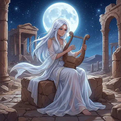 Anime Style White-Haired Woman Playing Harp in Ancient Ruins