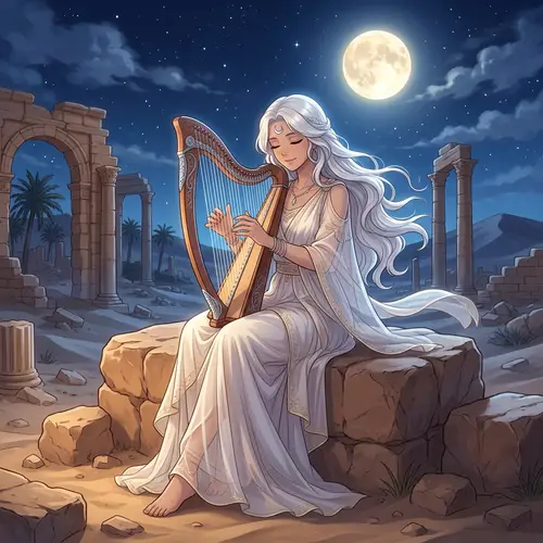 Anime Style White-Haired Woman Playing Harp in Serene Greek Setting