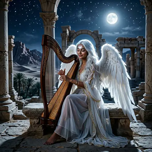 Serenity: South Asian Woman Playing Harp with Crescent Moon Symbol