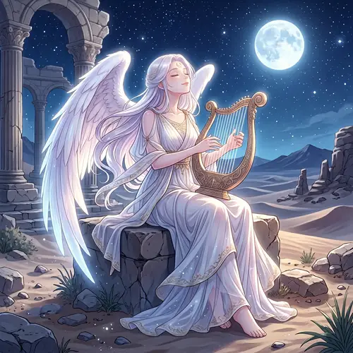 Anime Style Woman Playing Harp Under Full Moon | Elegant Ethereal Scene