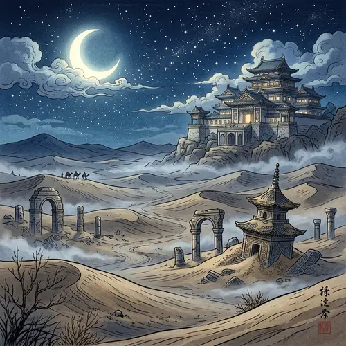 Anime Style Desert with Moon, Stars, ruins & Palace