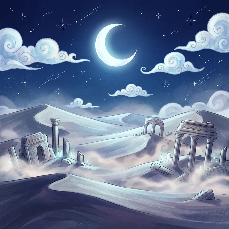 Anime Desert Night: Moon, Stars, Ruins, and Fog Anime Desert Night: Moon, Stars, Ruins, and Fog