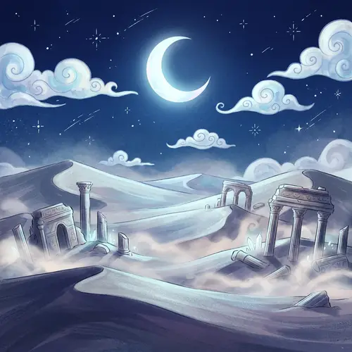 Desert in Anime Style: Night, Moon, Stars, Antique Ruins