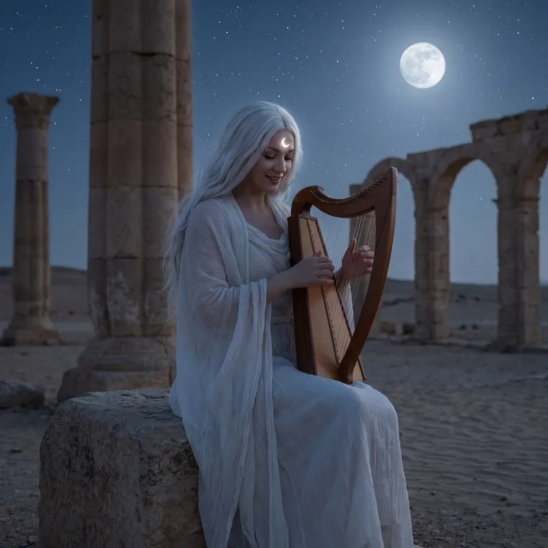White-Haired Woman Playing Harp in Serene Moonglow
