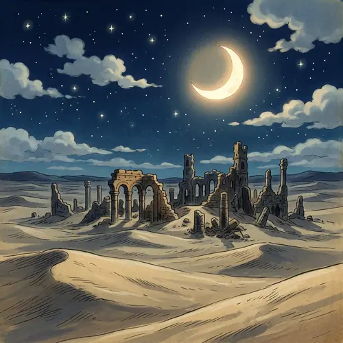 Anime Style Desert Night with Moon, Stars, and Ruins