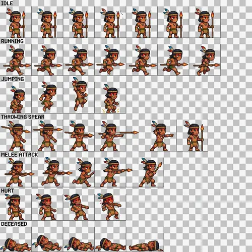 Brazilian Indigenous Warrior Pixel Art Sprite Sheet - RPG Character Design