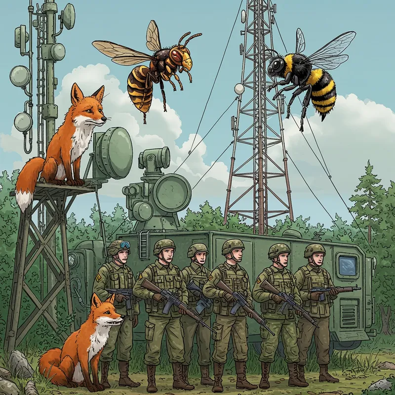 Military Scene with Fox, Hornet, and Bumblebee