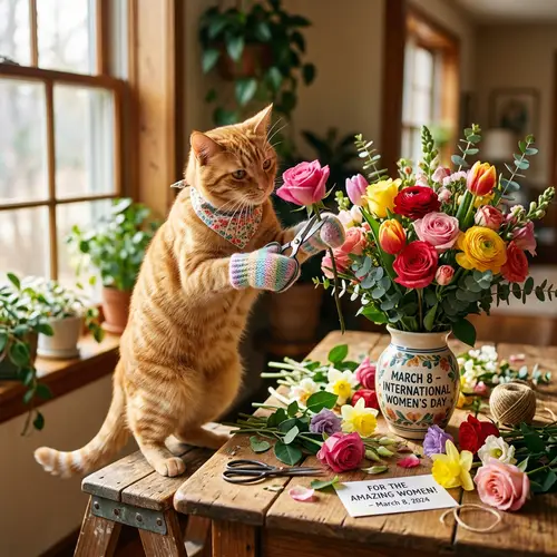 Cat Creating Vibrant Bouquet for International Women's Day