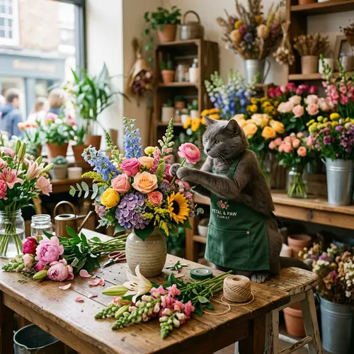 Grey Cat Florist Creating Colorful Bouquet | Flower Arrangement