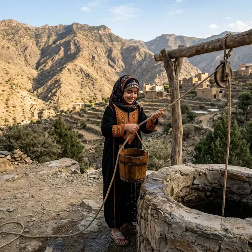 Young Saudi Arabian Girl in Traditional Dress | Rural Water Well Scene