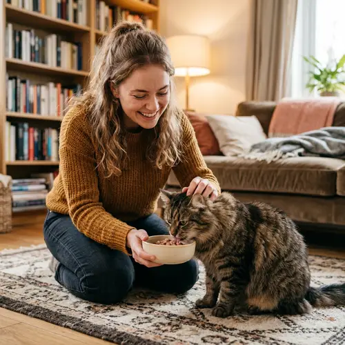 Caring Young Woman Feeding and Petting Cat | Heartwarming Moment