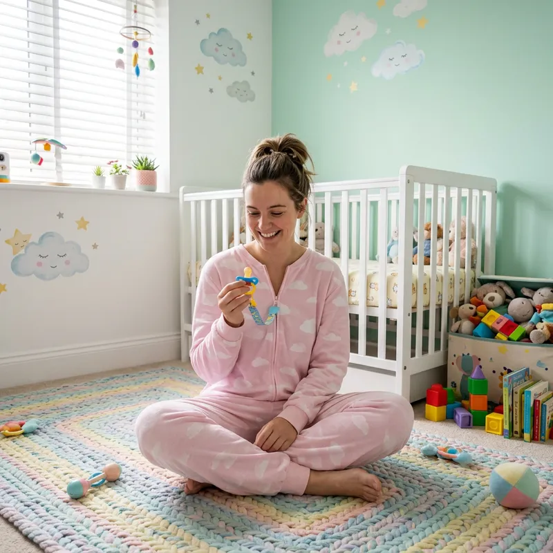 Colorful Nursery Scene with Woman in Onesie and Pacifier Joyfully Playing Colorful Nursery Scene with Woman in Onesie and Pacifier Joyfully Playing