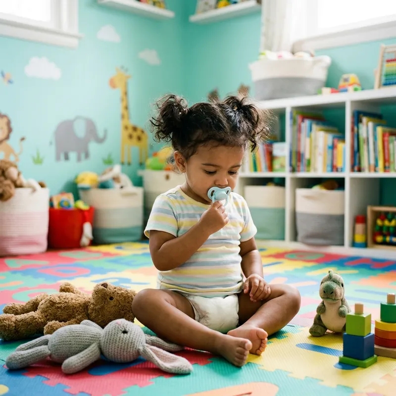 Toddler in Large Diaper Sitting Peacefully in Colorful Nursery Room