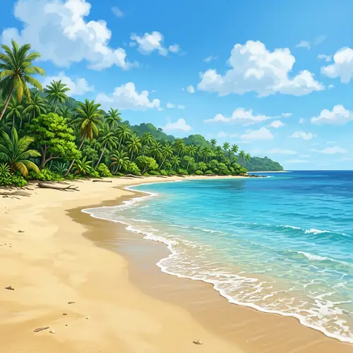 Tranquil Island Beach with Golden Sand and Lush Palm Forest