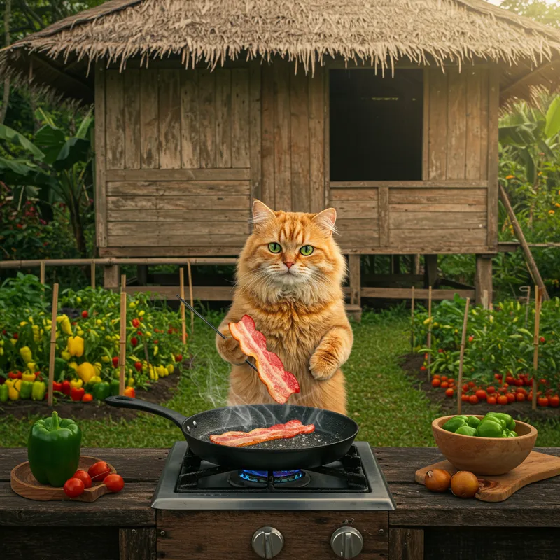 Cat Cooking Bacon in a Cozy Cottage