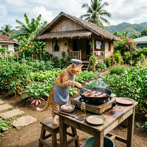 Cat Cooking Bacon in a Cozy Cottage