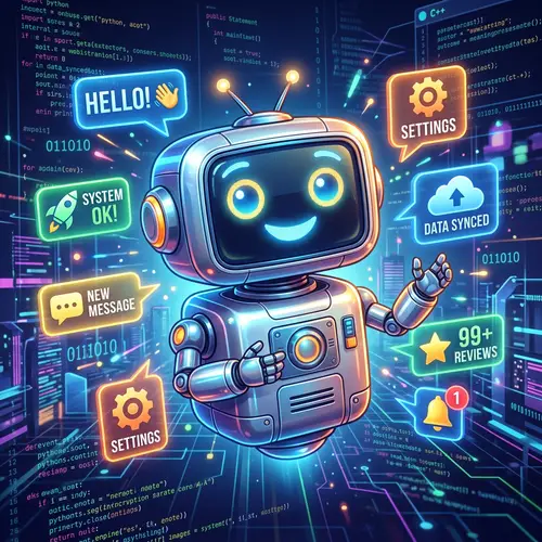 Friendly AI Robot Interface with Glowing Eyes and Metallic Surface