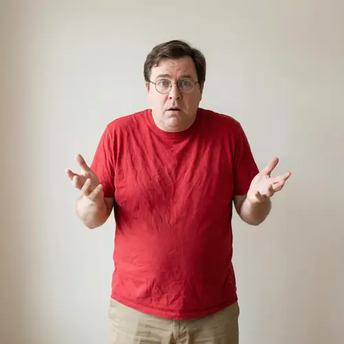 Surprised Overweight Man in Red Shirt and Khaki Pants