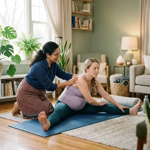 Professional Doula Assisting Pregnant Woman in Yoga Session