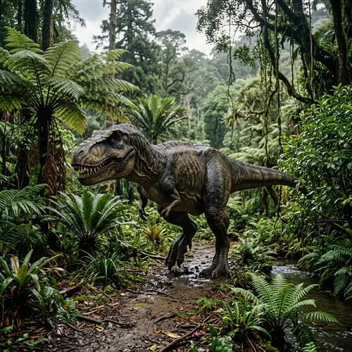 Prehistoric Dinosaur Roaming in Lush Jungle