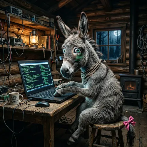 Grey Donkey Hacking in a Rustic Hut | Unique Image