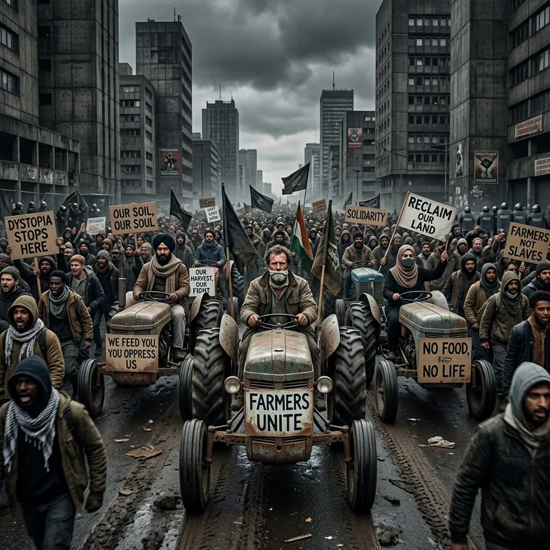 Angry Farmers' Protest with Tractors and Masked Participants in Dystopian Scene