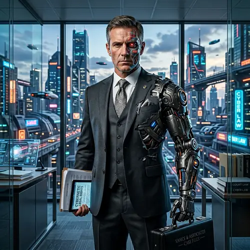 Cyborg Lawyer: Human-Suit Integration in Futuristic Cityscape