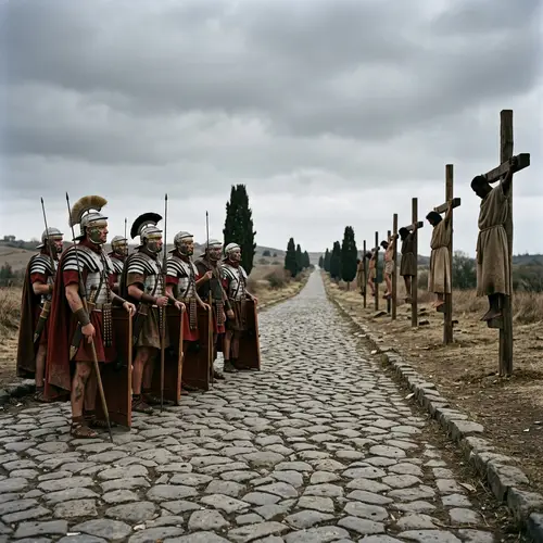 Roman Soldiers Gaze at Crucified Bodies on Appian Way