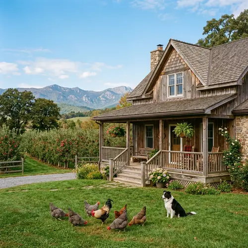 Picturesque Farm House: Rustic Two-Storied Structure with Apple Orchard