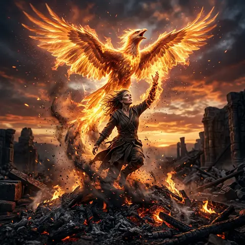 Woman and Phoenix Rising from the Ashes