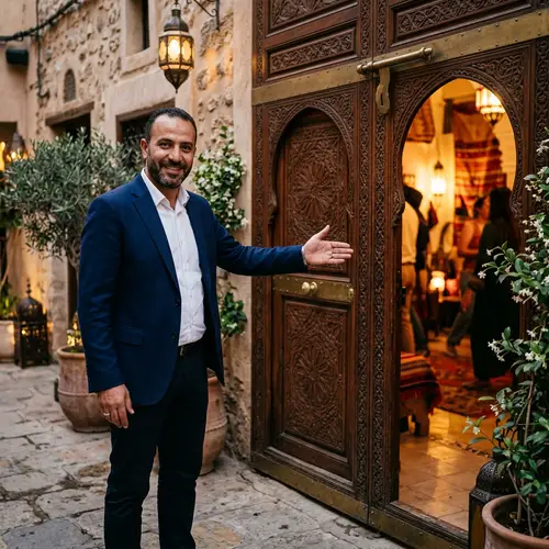 Friendly Middle-Eastern Man Welcoming Visitors Through Door