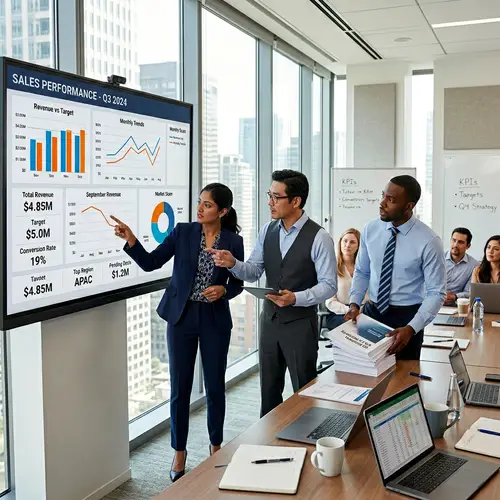 Diverse Corporate Professionals Sales Meeting | Digital Dashboard Insights