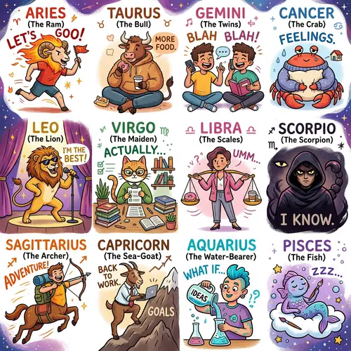 Zodiac Signs Meme Characters: Aries, Taurus, Gemini, Cancer, Leo, Virgo, Libra, Scorpio, Sagittarius, Capricorn, Aquarius, Pisces