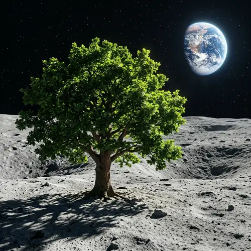 Earth-like Tree on Moon: Contrast of Green Leaves in Grey Landscape