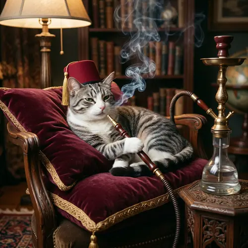 Stylish Domestic Cat with Fez Smoking Hookah