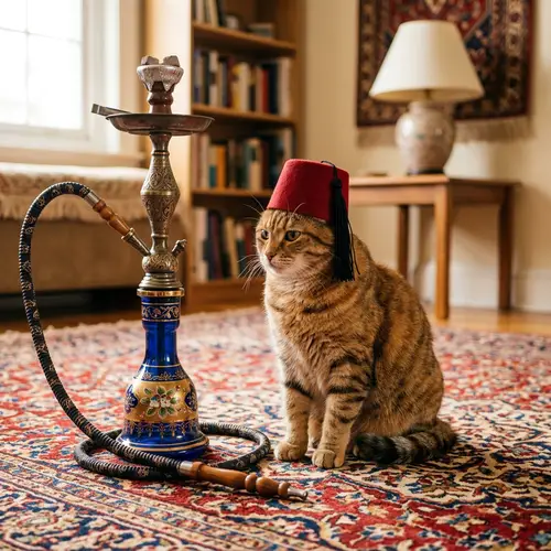 Fluffy Tabby Cat in Fez Hat on Oriental Carpet with Decorative Hookah