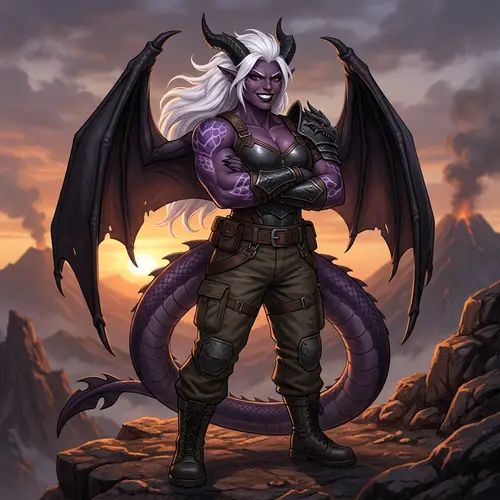 Anthropomorphic Dragon Girl with Muscular Body and White Hair
